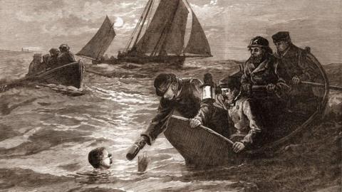 An engraving depicting Captain Matthew Webb during his swim as he accepts a thermos of coffee from a man in a boat