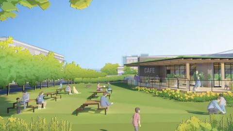 An artist's impression of a park and a cafe. There are benches on a large green area surrounded by trees. The green space is in front of a single-storey modern cafe building with floor-to-ceiling glass windows. There are people sitting on the benches.