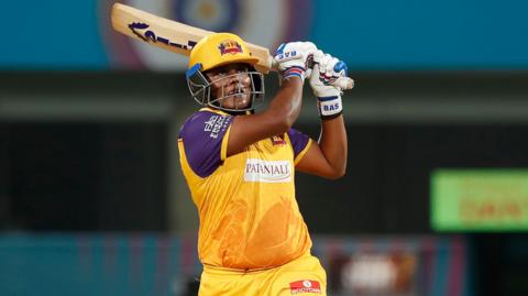 Kiran Navgire hits out for UP Warriorz during a WPL match in 2023