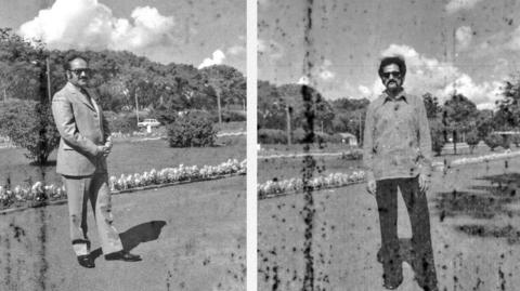 Two black-and-white photos of men looking into the camera. On the left, a man in a suit wears sunglasses and looks into the camera. On the right, a man with a moustache and sunglasses wears a suit and trousers. They are both standing in front of a garden with flowers and trees. The photos are spotted with black marks.