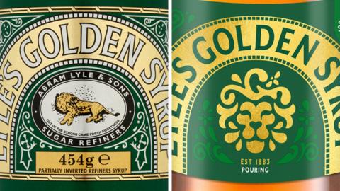 Lyle's Golden Syrup old branding, next to Lyle's new branding