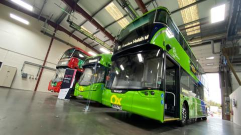 Electric buses in a bus depot in Oxfordshire