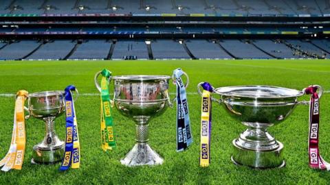 The All-Ireland senior, intermediate and junior championship trophies that will be up for grabs on Sunday at Croke Park. 