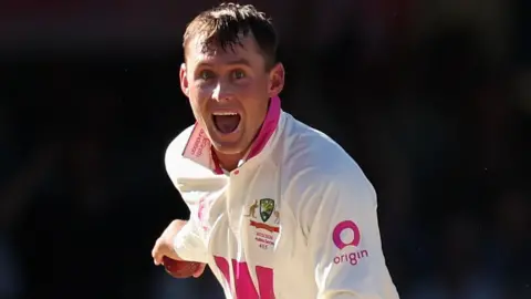 Australia's Marnus Labuschagne celebrates running out England's Jamie Smith