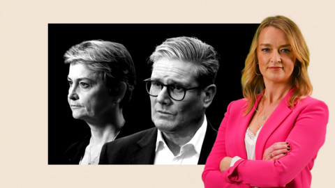 Composite of Yvette Cooper, Sir Keir Starmer and Laura Kuenssberg with the BBC in depth logo