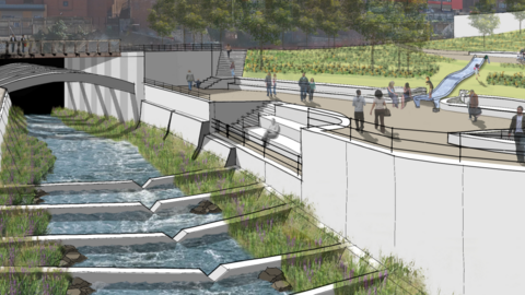 A design image showing a river with grass banks below a park with a slide and people strolling by.