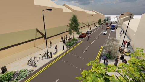 A computer-generated image of a street, with a road and pedestrian walkways.