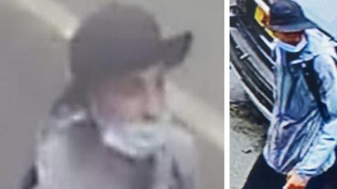 A composite of two grainy CCTV pictures showing a male in a light jacket and hat with a brim. His facial features are not clear, and he appears to have a surgical mask over his mouth. 