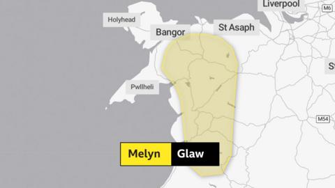 map o ardal y rhybudd tywydd