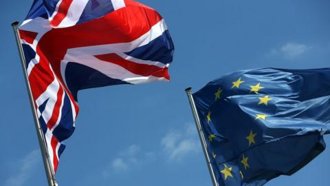 The UK and EU flags flying