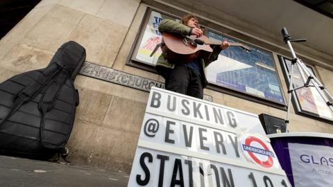 Dan Tredget busking at Colliers Wood Tube station