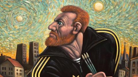 A painting of Vincent Van Gogh in a muscular style wearing a black and gold Adidas tracksuit. He is holding three paintbrushes and is looking over his right shoulder. The background echoes Van Gogh's Starry Night with two suns.