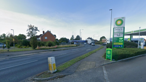 A Google Maps picture of the Shepherds Hill Roundabout, with a BP garage to the left of the picture and an Marks & Spencer food hall to the left of the picture.