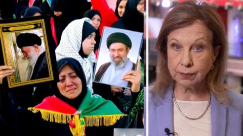 On the left, a woman wearing a hijab holding up two images. On the right, Lyse Doucet