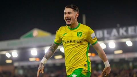 Borja Sainz celebrating scoring a goal at Carrow Road