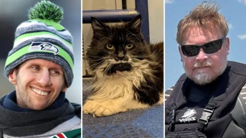 A three-panel collage showing two people on the left and right wearing outdoor clothing and a central image of a black-and-white long-haired cat lying on a blue carpet. On the left is Rob Burrow and on the right is Karl Bushby.