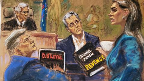 A court sketch shows Donald Trump, Michael Cohen and Alina Habba.