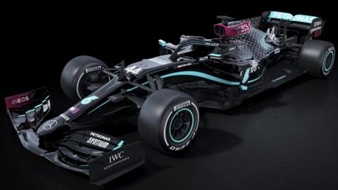 The Mercedes F1 car in black livery for the 2020 season