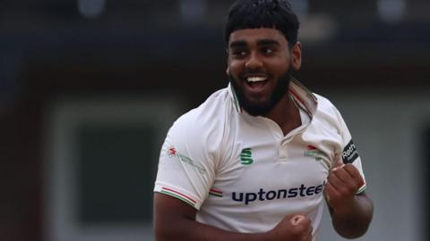 Rehan Ahmed celebrates a wicket