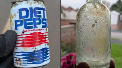 A composite image of an old Diet Pepsi can on the left and a clear thin-necked bottle on the right.