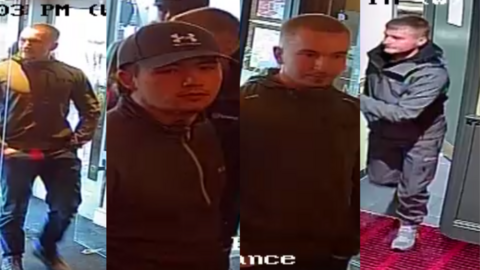 A photofit image of four men entering a restaurant. They are all young men wearing casual clothing