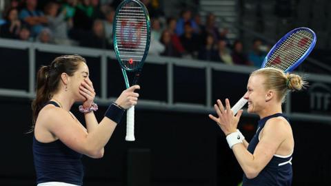 Jodie Burrage (left) and Harriet Dart (right) celebrate their win over Australia