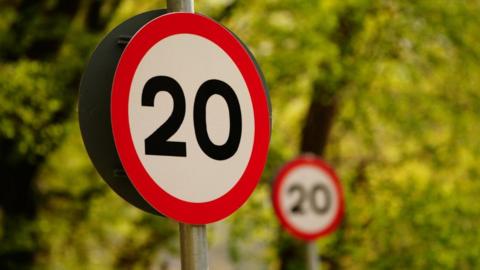 A pole with a circle attached to it - white with a red boundary. A 20 sign is in black in the middle. There is a leafy backdrop.