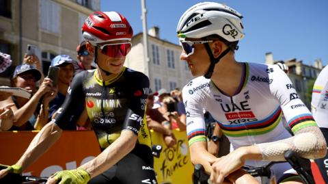 Jonas Vingegaard and Tadej Pogacar before stage 12 of the 2025 Tour de France