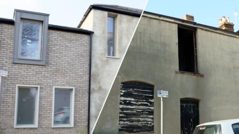 A split image of a barn, before and after it has been renovated.