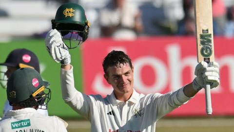 Nottinghamshire's Freddie McCann celebrates his century against Hampshire
