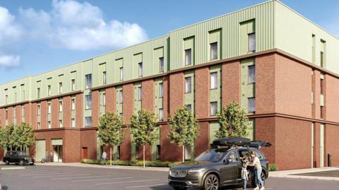 A computer generated artist's impression of how the new hotel might look. It is three stories tall - with the first two floors being two different shades of redbrick - and is covered in light green cladding.