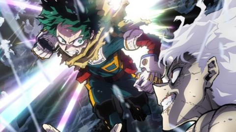 Animated characters Izuku Midoriya and Tomura Shigaraki pictured close up ready to fight. Izuku on the upper left is holding his fist clenched, he has spikey dark green hair and green eyes. He is wearing a red, green and white futuristic suit. There is bright blue-white beams of light shooting from behind him. Shigaraki is bottom right and you can just see the side of his face, smiling. He has white hair and red eyes.