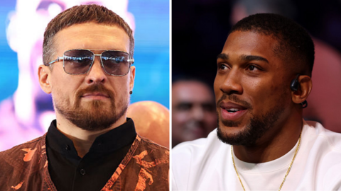 Oleksandr Usyk wearing sunglasses and and orange vest and Anthony Joshua wearing a white t-shirt