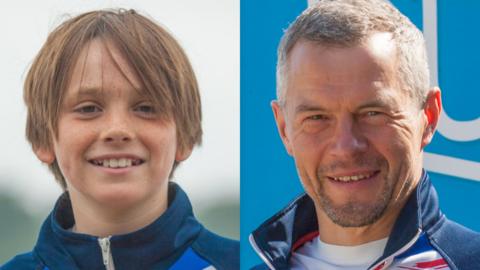 Two side-by-side headshots. The image of the left is of a young boy who has long, brown hair. The image of the right is of an older man with short, grey hair.