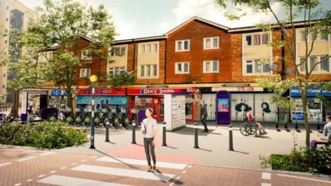 Visualisation of how the proposed road safety measures for Vauxhall and Duddeston in Birmingham would look  - showing a modernised street with local shops and bollards in place, with a zebra crossing