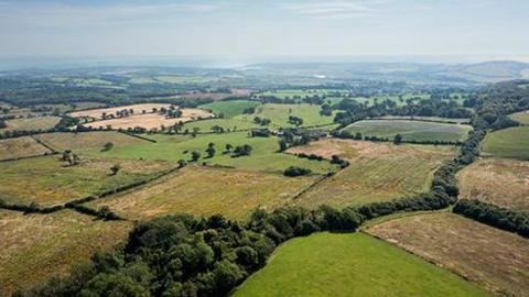 Countryside fields on the island from the air.