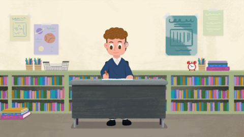 An illustration of a young boy sitting at a desk writing. 