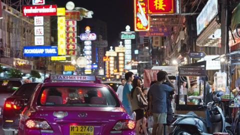 Thanon Yaowarat road at night in central Chinatown district of Bangkok, Thailand