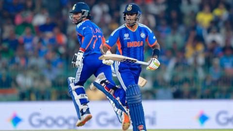 Tilak Varma (L) and Suryakumar Yadav (R) of India