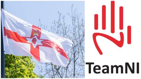 A collage of two images side by side - on the left is the Ulster Banner flag flying from a lampost. It is a white flag with a red cross. In the centre of a cross is a white star and in the centre of that is a red hand. Above the star with the hand is a crown. Trees can be seen behind the flag. On the right is the logo for Commonwealth Games Northern Ireland, which is a stylised red hand on top of of the words TeamNI