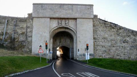 A general view of the entrance to HMP The Verne in February 2022. 