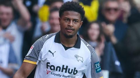 A photo of Rhian Brewster playing for Derby County in their white home shirt