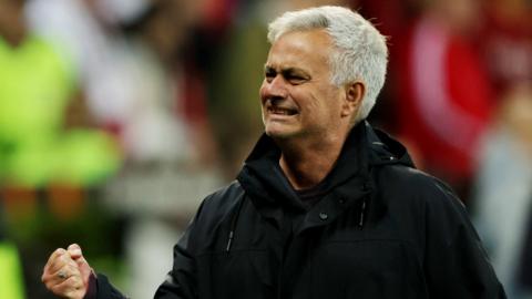 AS Roma coach Jose Mourinho celebrates after the Europa League seim-final against Bayer Leverkusen