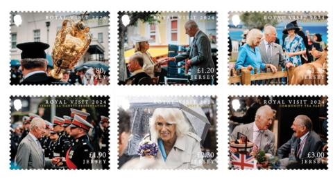 A picture of the stamps that are to be released. There is 6 Images, 3 images on 2 rows each. They are all titled Royal Visit 2024