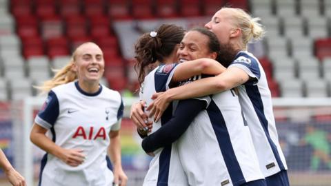 Tottenham players celebrate after Hayley Raso opens the scoring against Crystal Palace in the WSL