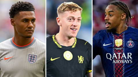 Ollie Watkins, Liam Delap and Bradley Barcola split graphic
