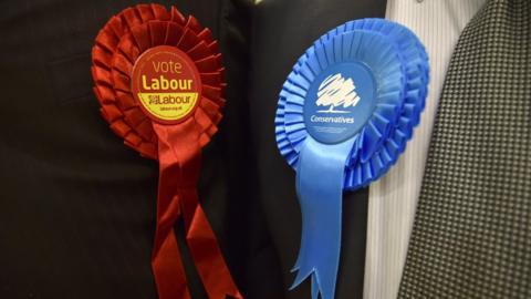 Tory and Labour rosettes