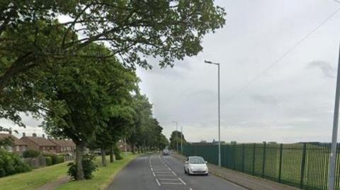 A suburban road flanked by trees and a grass verge on one side and a pavement, lamppost and a green metal fence on the other.