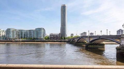 A computer-generated image of the proposed tower near Battersea Bridge