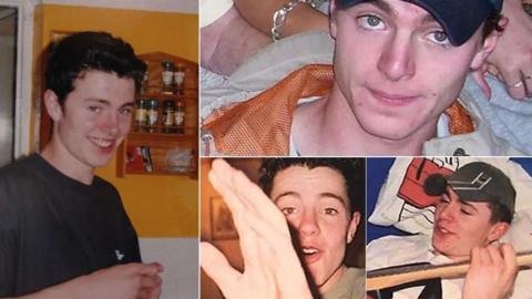 A composite of four images of Luke Durbin, a young white man with dark hair. In two of the photos he is wearing a dark baseball cap.